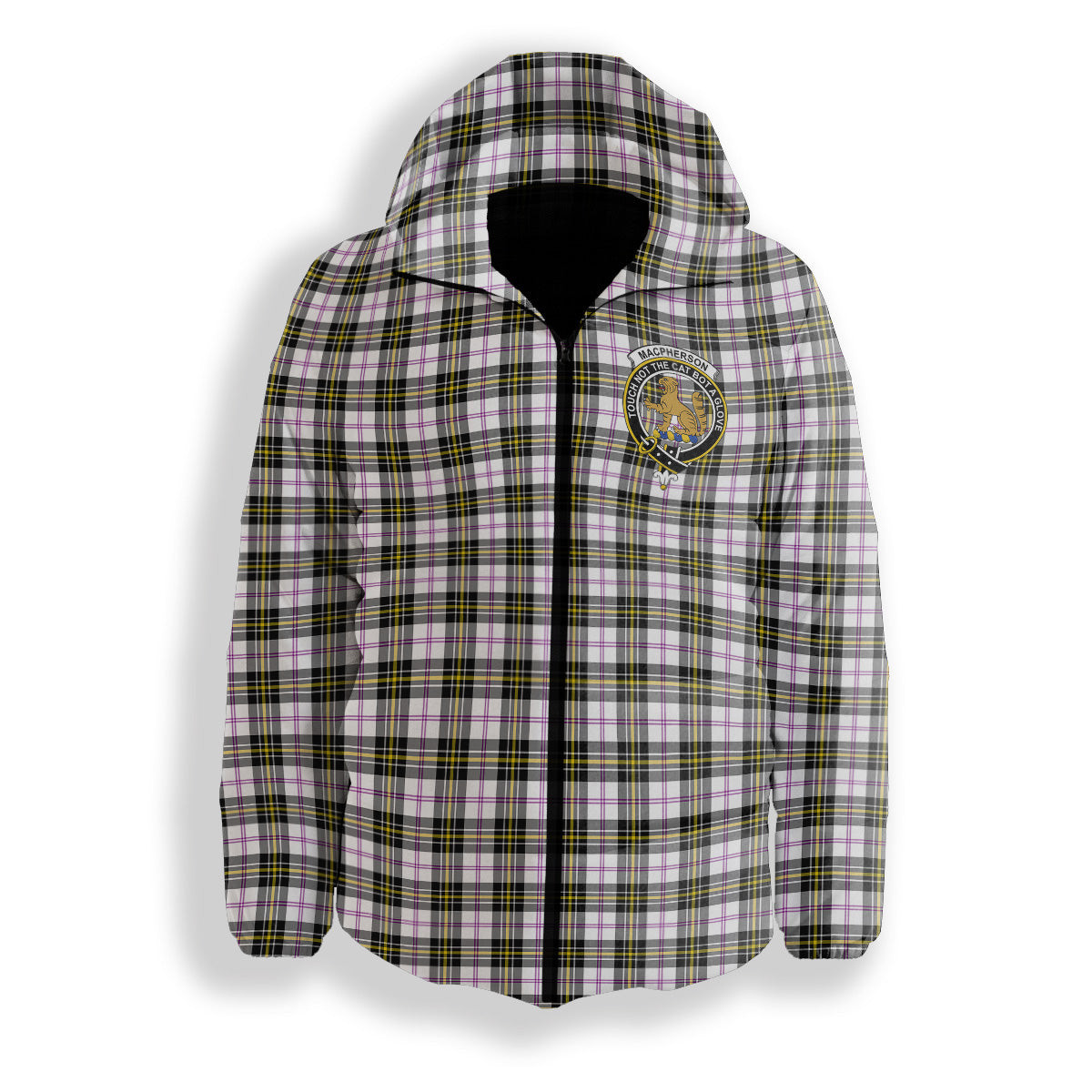 ScotsTee Shop Scottish MacPherson Dress Modern Crest Tartan Down Jacket Winter White Duck Down Plaid