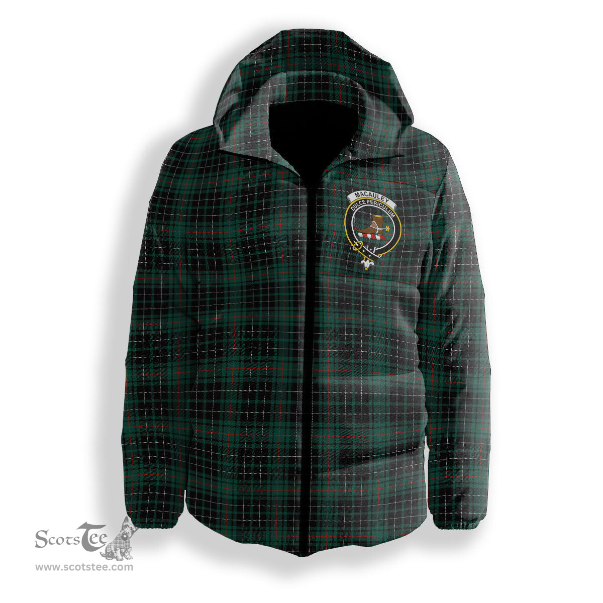 ScotsTee Shop Scottish MacAuley Hunting Modern Crest Tartan Down Jacket Winter White Duck Down Plaid