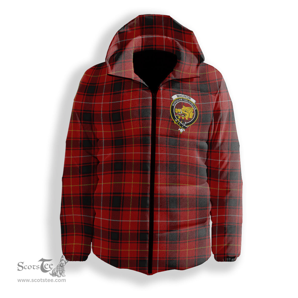 ScotsTee Shop Scottish MacIvor Modern Crest Tartan Down Jacket Winter White Duck Down Plaid