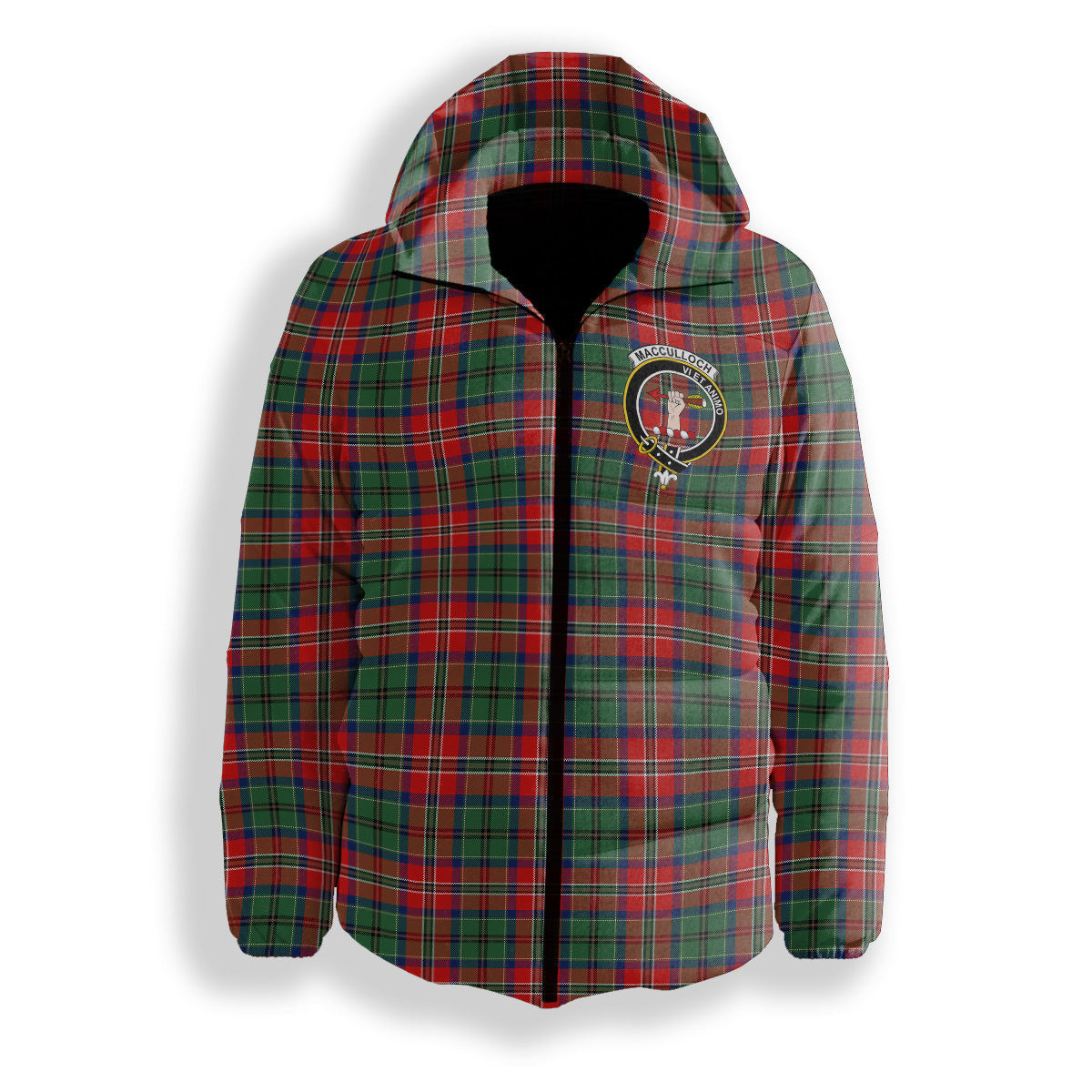 ScotsTee Shop Scottish MacCulloch Modern Crest Tartan Down Jacket Winter White Duck Down Plaid