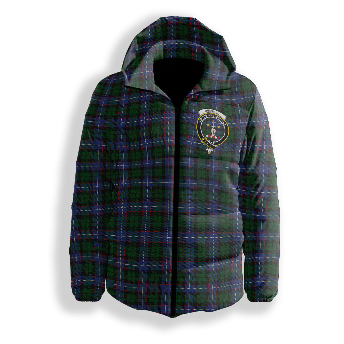 ScotsTee Shop Scottish Russell Crest Tartan Down Jacket Winter White Duck Down Plaid