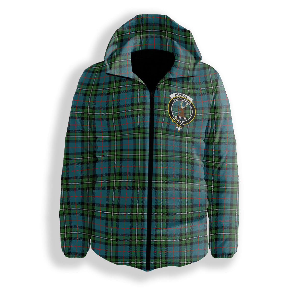 ScotsTee Shop Scottish McPhail Hunting Ancient Crest Tartan Down Jacket Winter White Duck Down Plaid