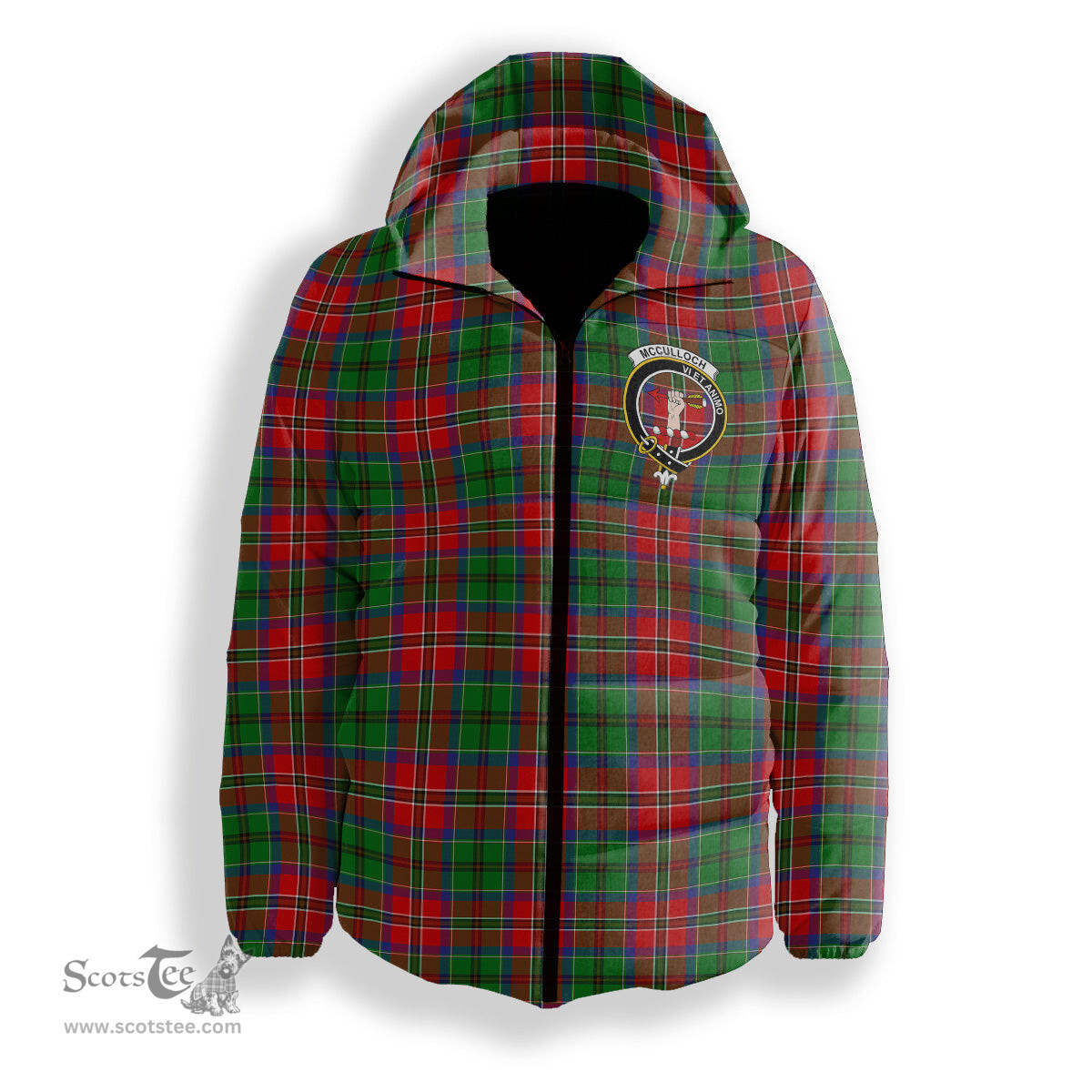 ScotsTee Shop Scottish McCulloch SC Crest Tartan Down Jacket Winter White Duck Down Plaid