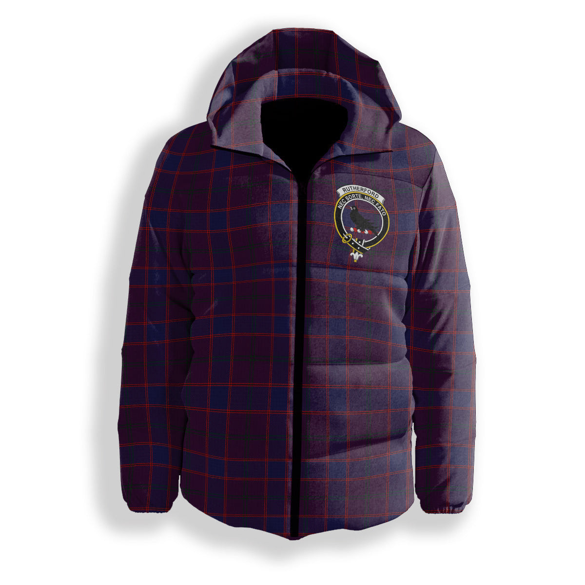 ScotsTee Shop Scottish Rutherford John Crest Tartan Down Jacket Winter White Duck Down Plaid