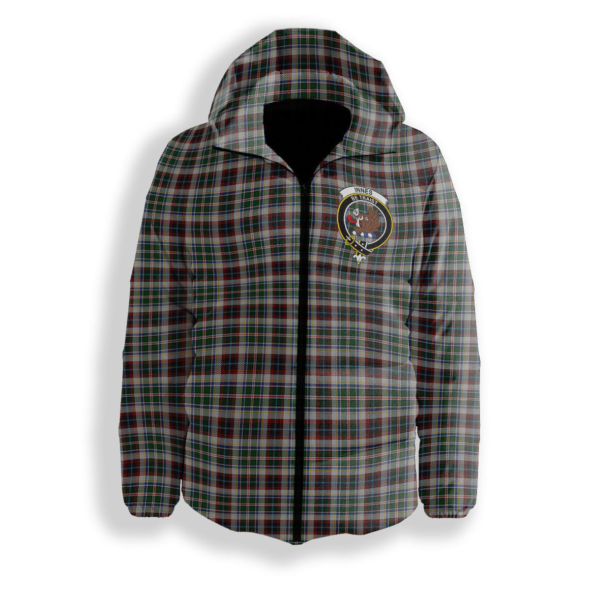 ScotsTee Shop Scottish Innes Dress Crest Tartan Down Jacket Winter White Duck Down Plaid