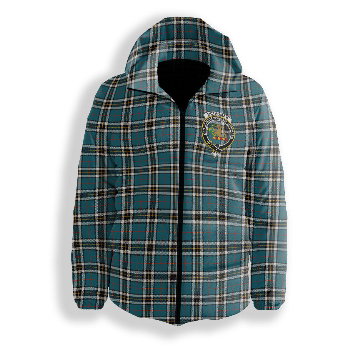 ScotsTee Shop Scottish McThomas Blue Ancient Crest Tartan Down Jacket Winter White Duck Down Plaid