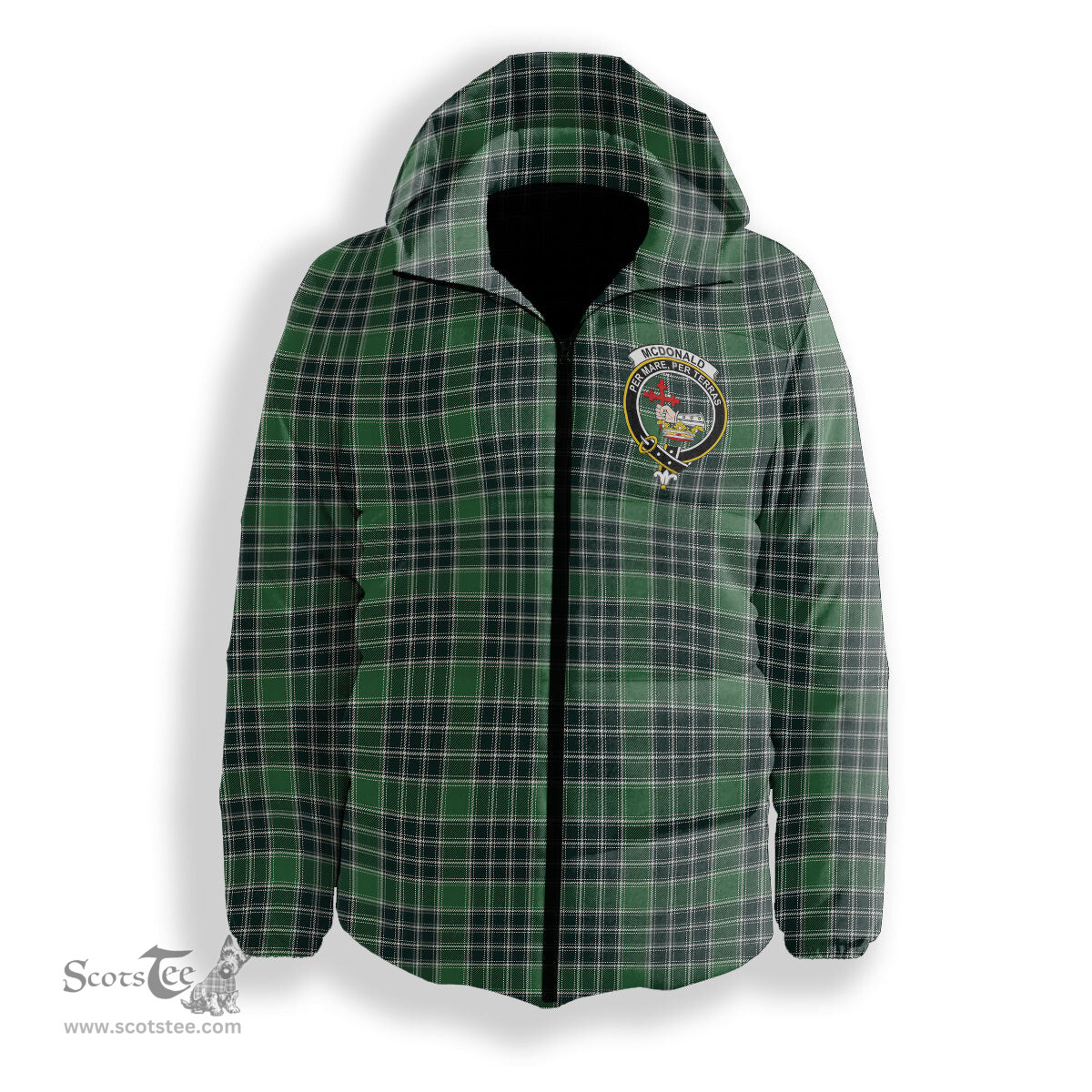 ScotsTee Shop Scottish McDonald Lord of the Isles Hunting Modern Crest Tartan Down Jacket Winter White Duck Down Plaid