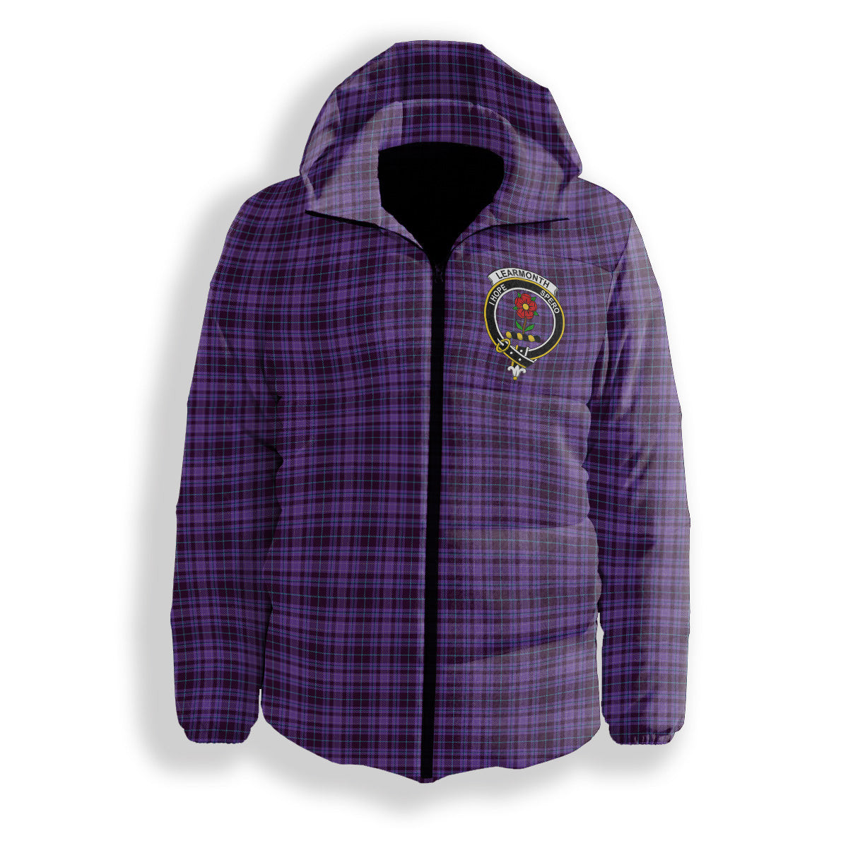 ScotsTee Shop Scottish Learmonth Family Herts Crest Tartan Down Jacket Winter White Duck Down Plaid