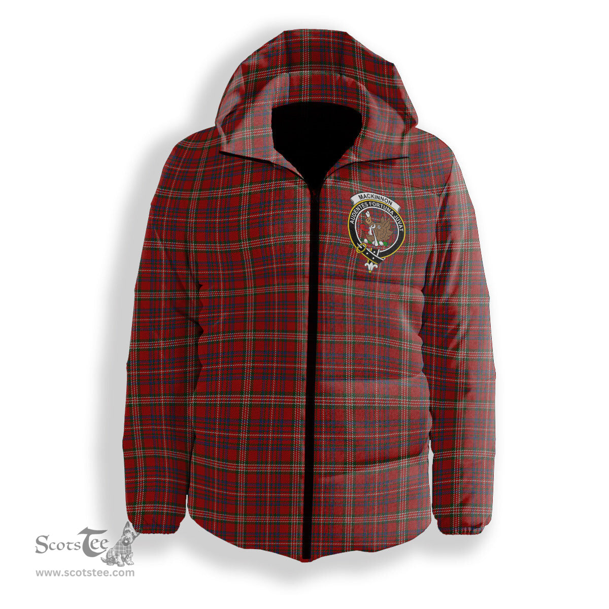 ScotsTee Shop Scottish MacKinnon 1831 Crest Tartan Down Jacket Winter White Duck Down Plaid