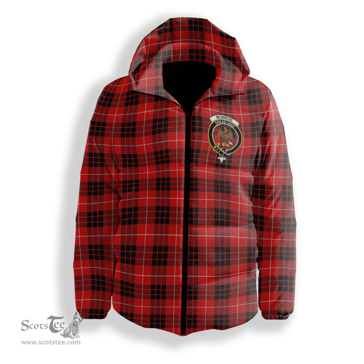ScotsTee Shop Scottish Monroe Black and Red Modern Crest Tartan Down Jacket Winter White Duck Down Plaid