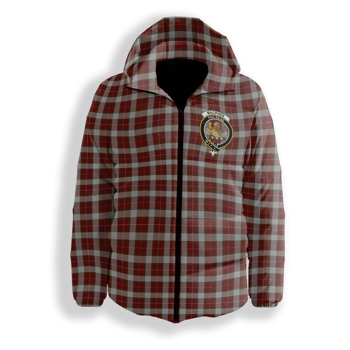 ScotsTee Shop Scottish MacPhee Dress Crest Tartan Down Jacket Winter White Duck Down Plaid