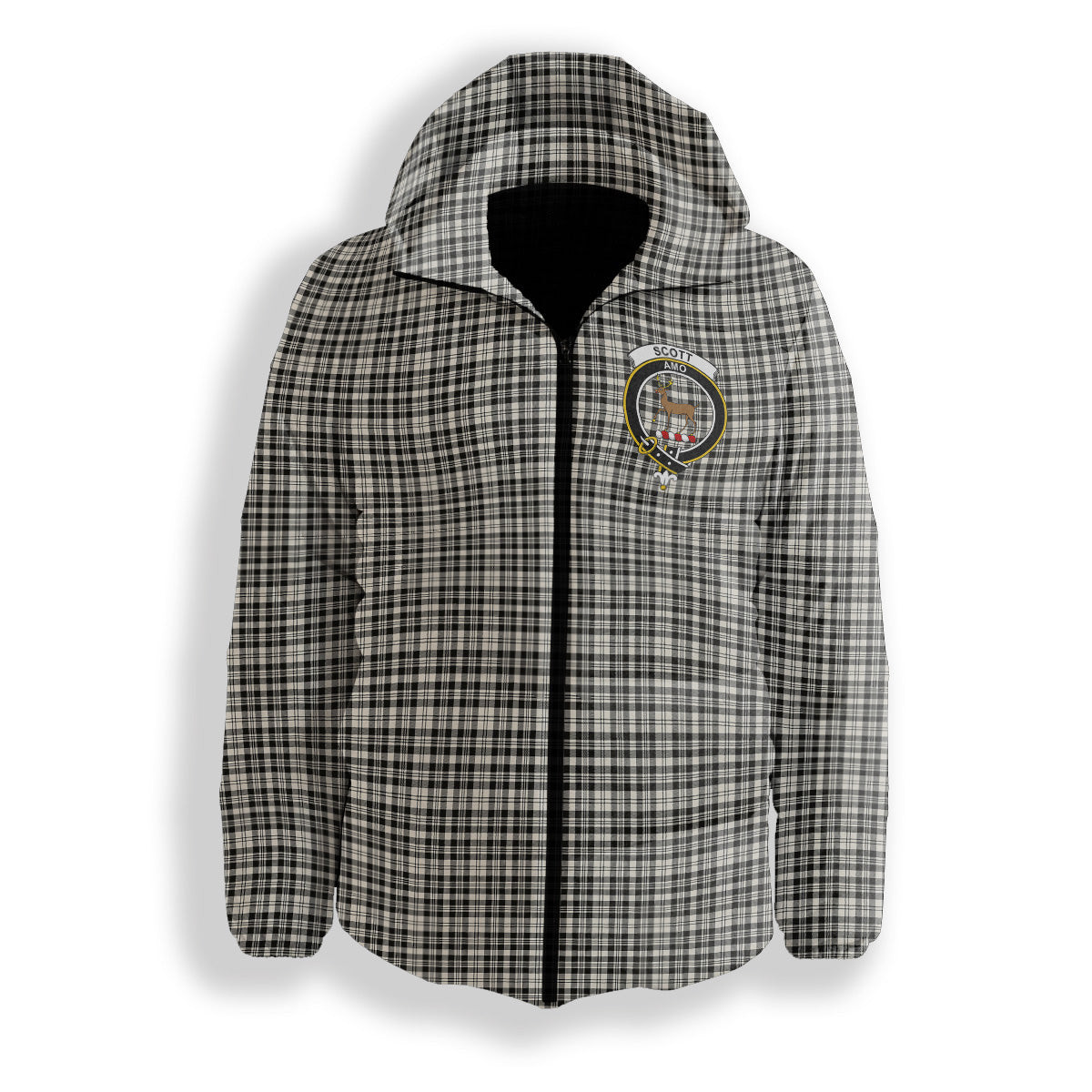 ScotsTee Shop Scottish Scott Black and White Ancient Crest Tartan Down Jacket Winter White Duck Down Plaid