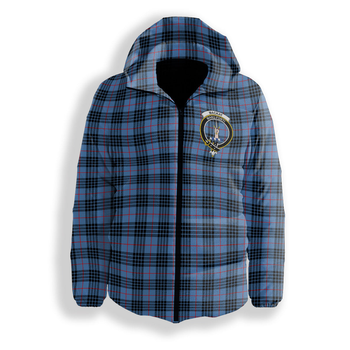 ScotsTee Shop Scottish MacKay Blue Crest Tartan Down Jacket Winter White Duck Down Plaid