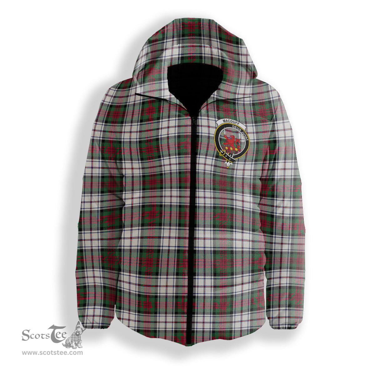 ScotsTee Shop Scottish MacDuff Dress Modern Crest Tartan Down Jacket Winter White Duck Down Plaid