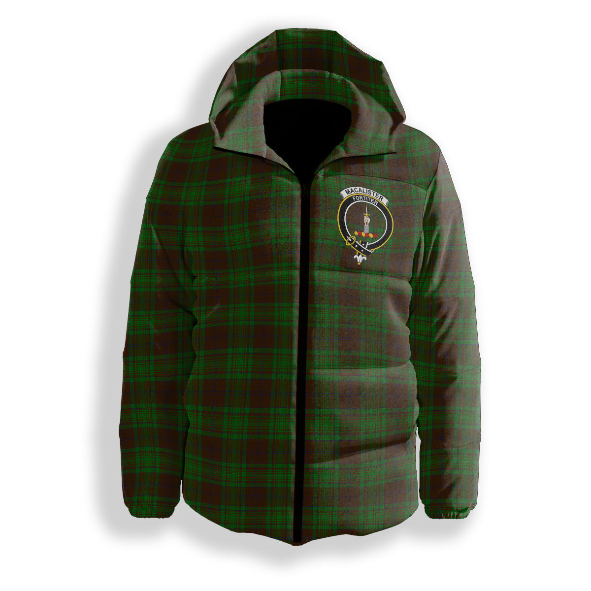 ScotsTee Shop Scottish MacAlister of Glenbarr Hunting Crest Tartan Down Jacket Winter White Duck Down Plaid