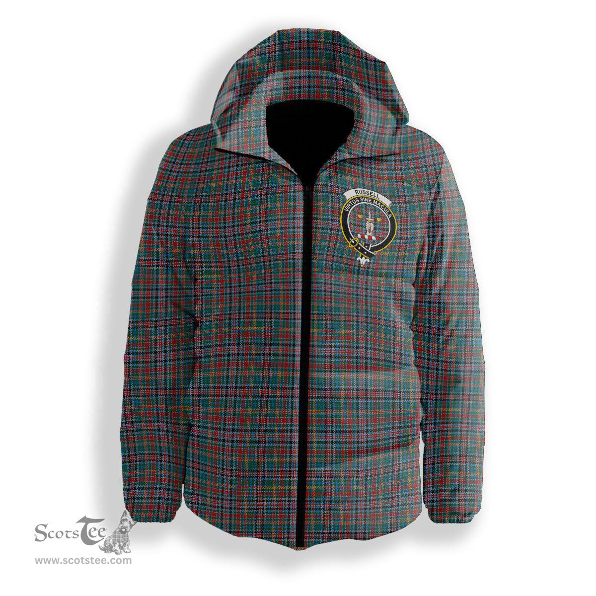 ScotsTee Shop Scottish Russell Old Modern Crest Tartan Down Jacket Winter White Duck Down Plaid