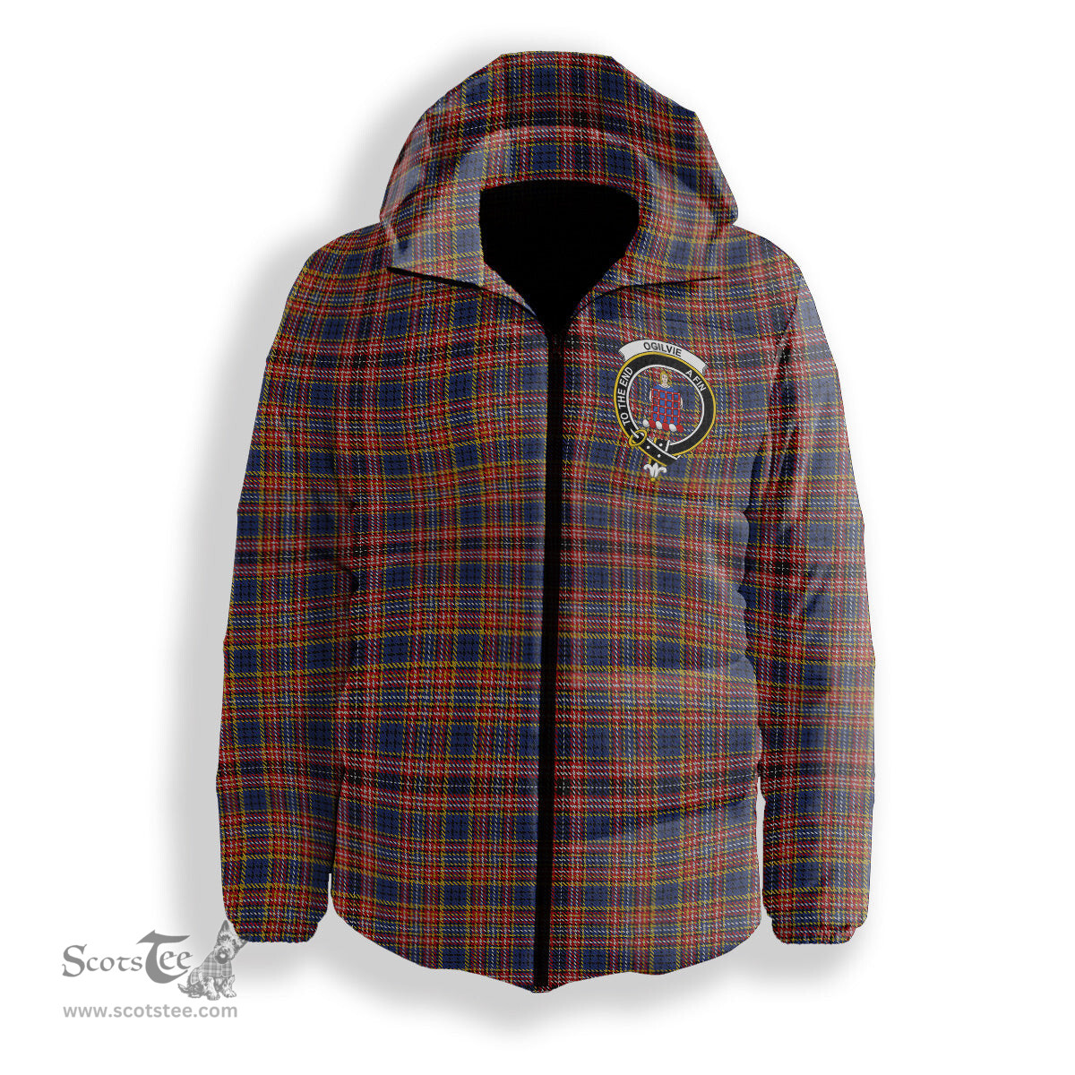 ScotsTee Shop Scottish Ogilvie 6 Crest Tartan Down Jacket Winter White Duck Down Plaid