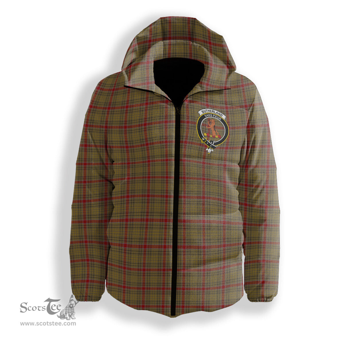 ScotsTee Shop Scottish Sutherland of Duffus Crest Tartan Down Jacket Winter White Duck Down Plaid