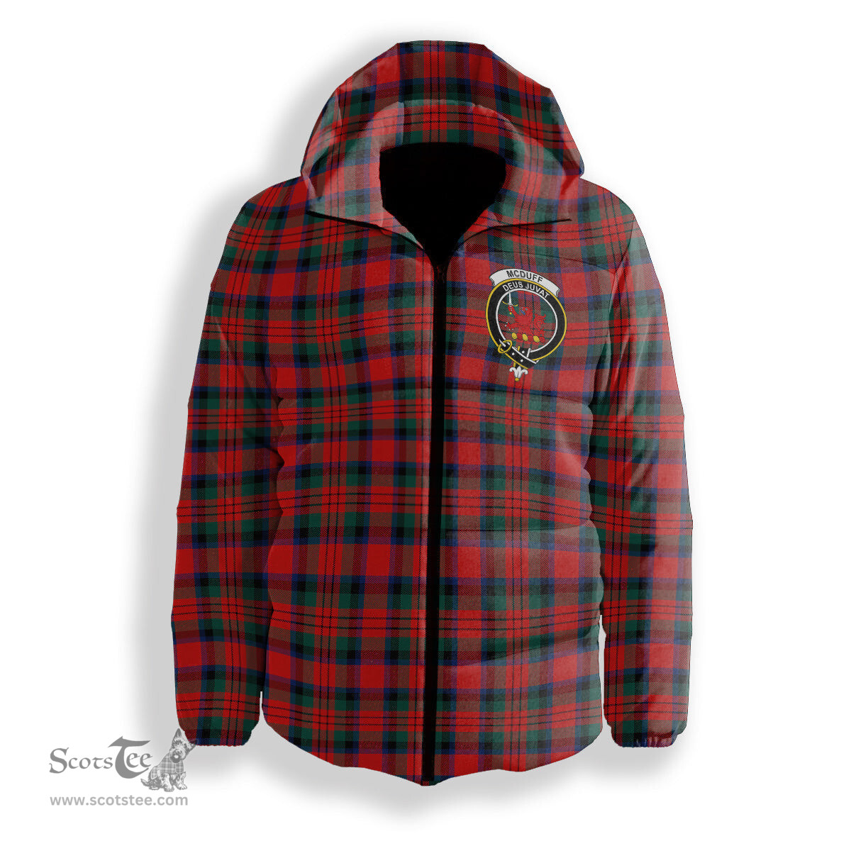 ScotsTee Shop Scottish McDuff Modern Crest Tartan Down Jacket Winter White Duck Down Plaid