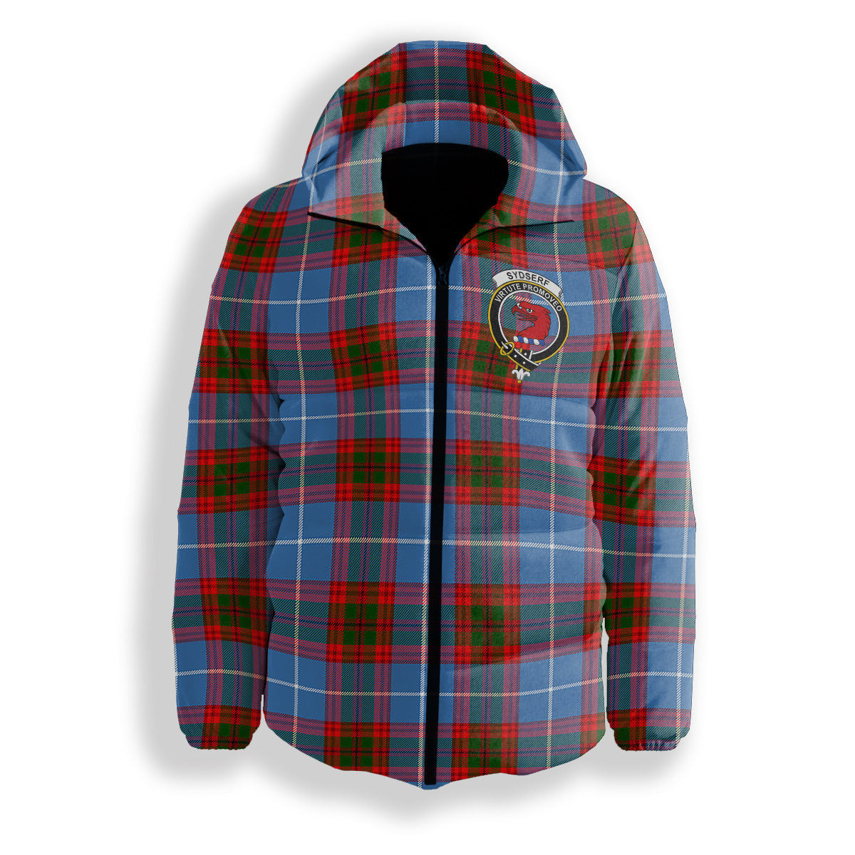 ScotsTee Shop Scottish Sydserf Crest Tartan Down Jacket Winter White Duck Down Plaid