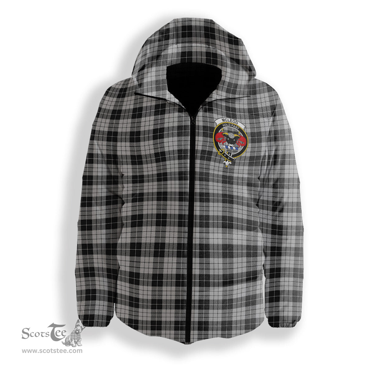 ScotsTee Shop Scottish McLeod Black and White Crest Tartan Down Jacket Winter White Duck Down Plaid