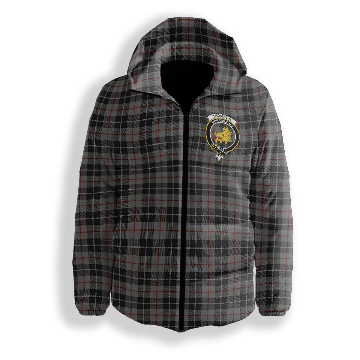 ScotsTee Shop Scottish Thomson Grey Crest Tartan Down Jacket Winter White Duck Down Plaid