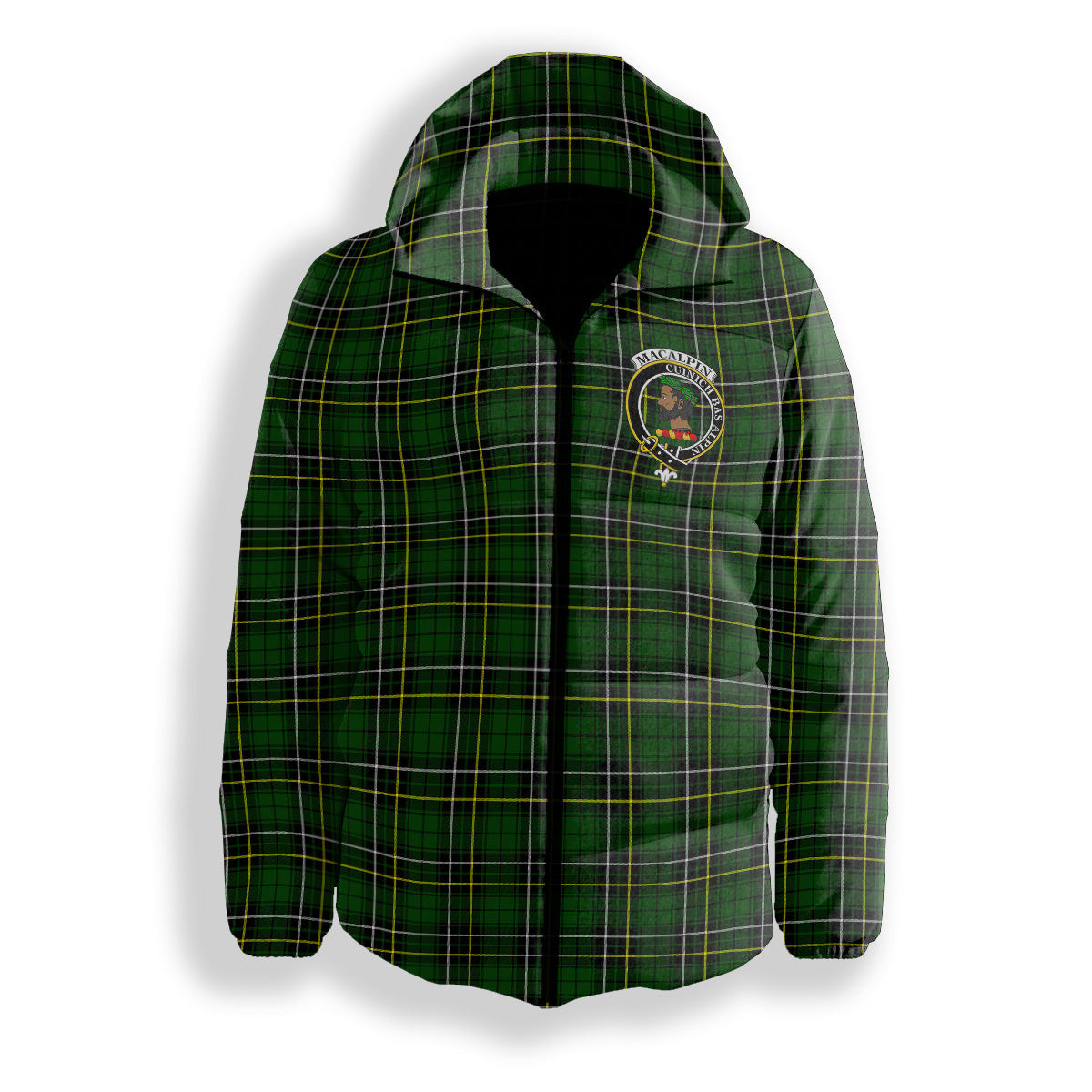 ScotsTee Shop Scottish MacAlpine Modern Crest Tartan Down Jacket Winter White Duck Down Plaid