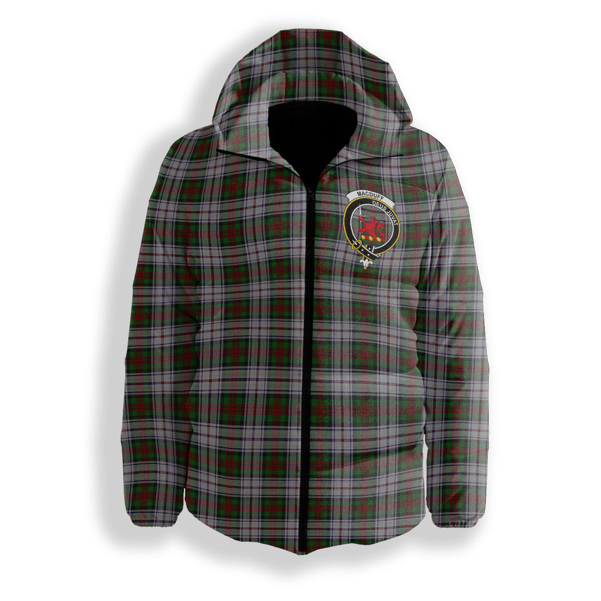 ScotsTee Shop Scottish MacDuff Dress Crest Tartan Down Jacket Winter White Duck Down Plaid