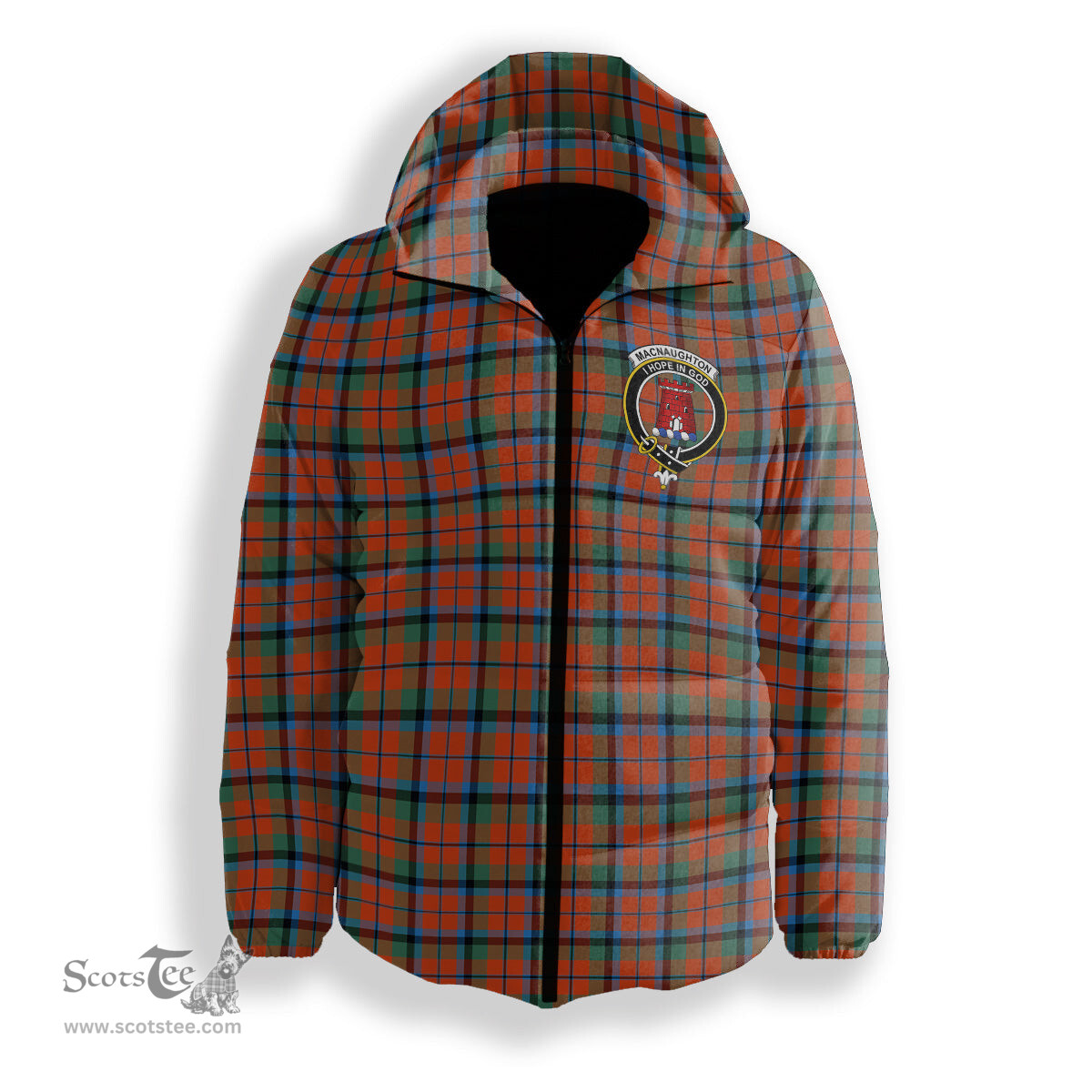 ScotsTee Shop Scottish MacNaughton Ancient Crest Tartan Down Jacket Winter White Duck Down Plaid