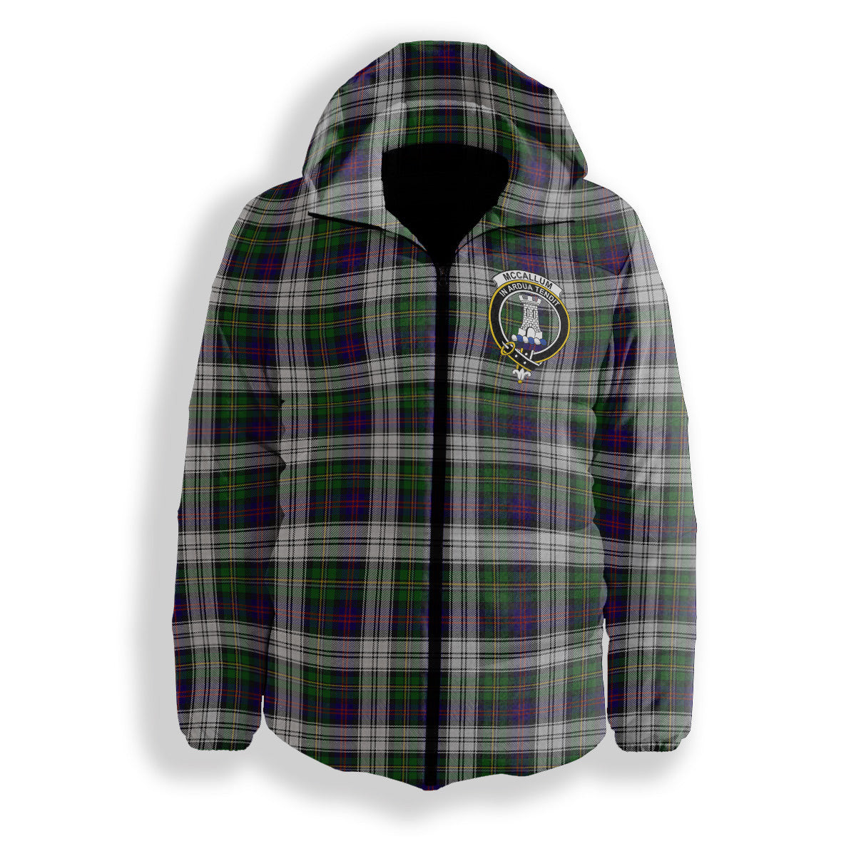 ScotsTee Shop Scottish McCallum Dress Crest Tartan Down Jacket Winter White Duck Down Plaid