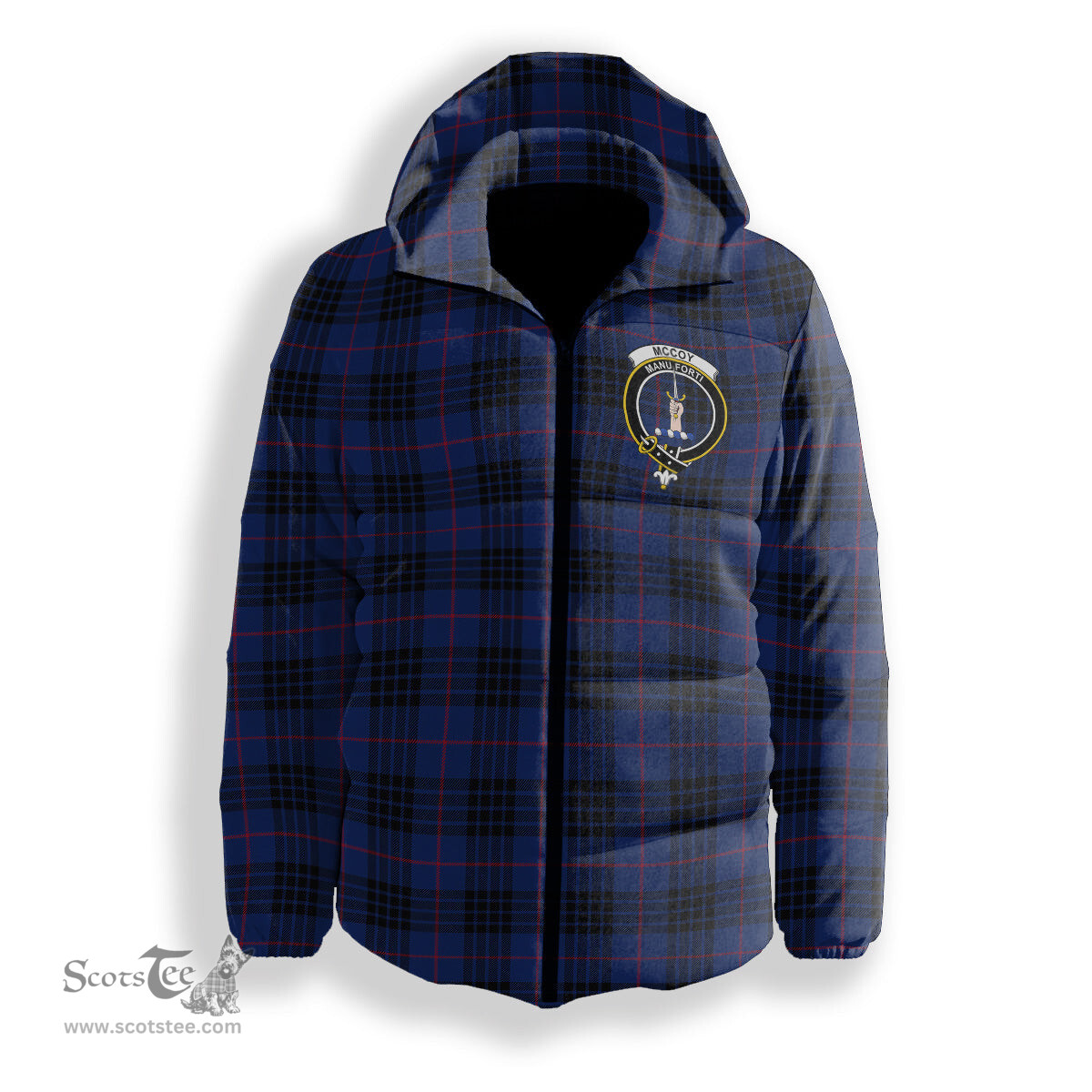 ScotsTee Shop Scottish McCoy Blue Crest Tartan Down Jacket Winter White Duck Down Plaid