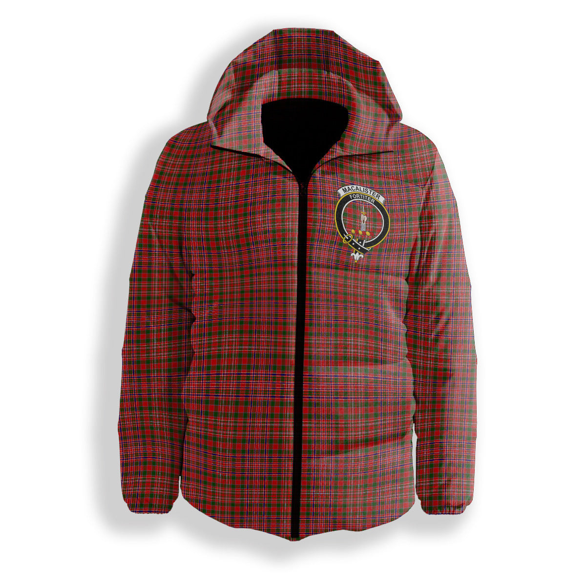 ScotsTee Shop Scottish MacAlister Modern SC Crest Tartan Down Jacket Winter White Duck Down Plaid
