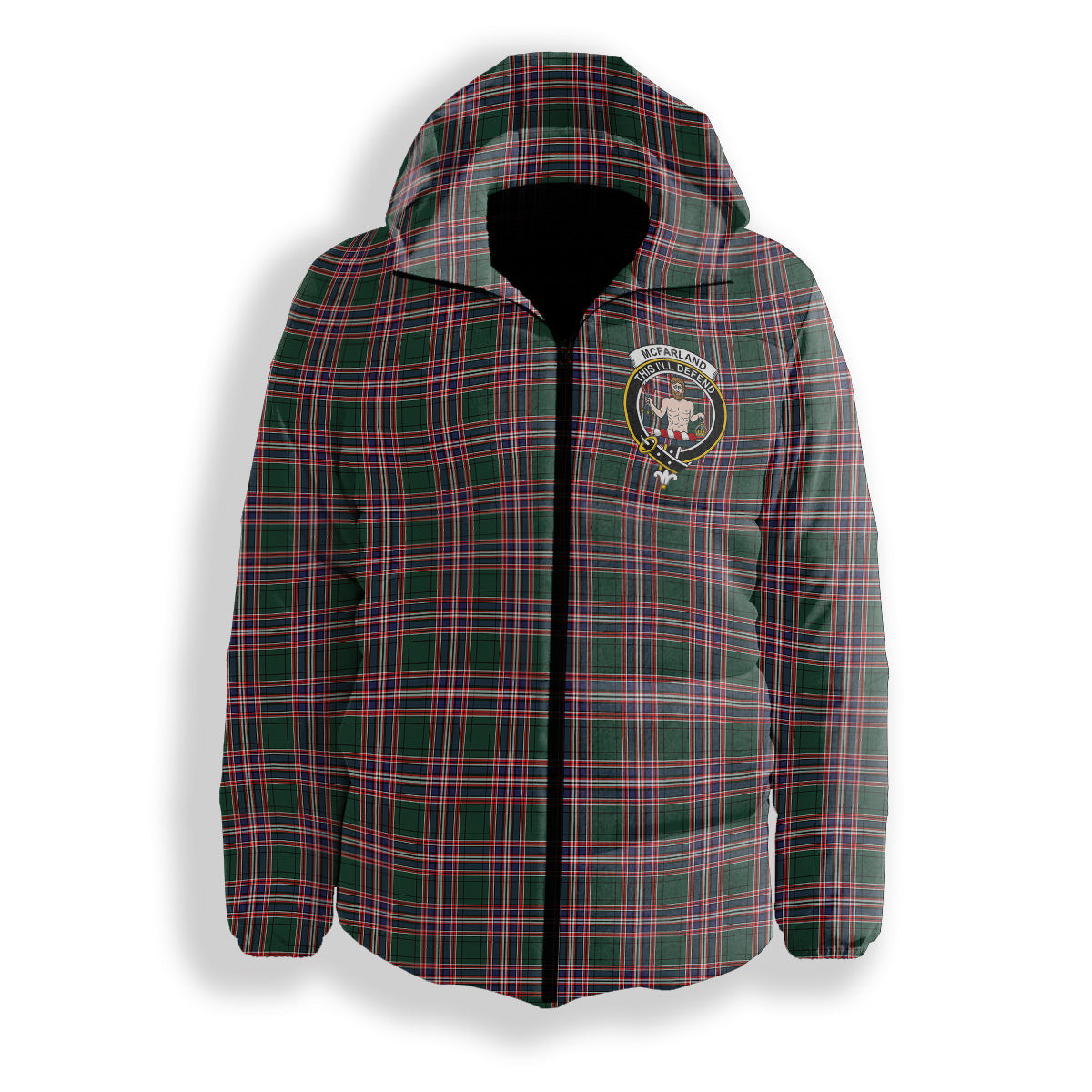 ScotsTee Shop Scottish McFarland Hunting Modern Crest Tartan Down Jacket Winter White Duck Down Plaid