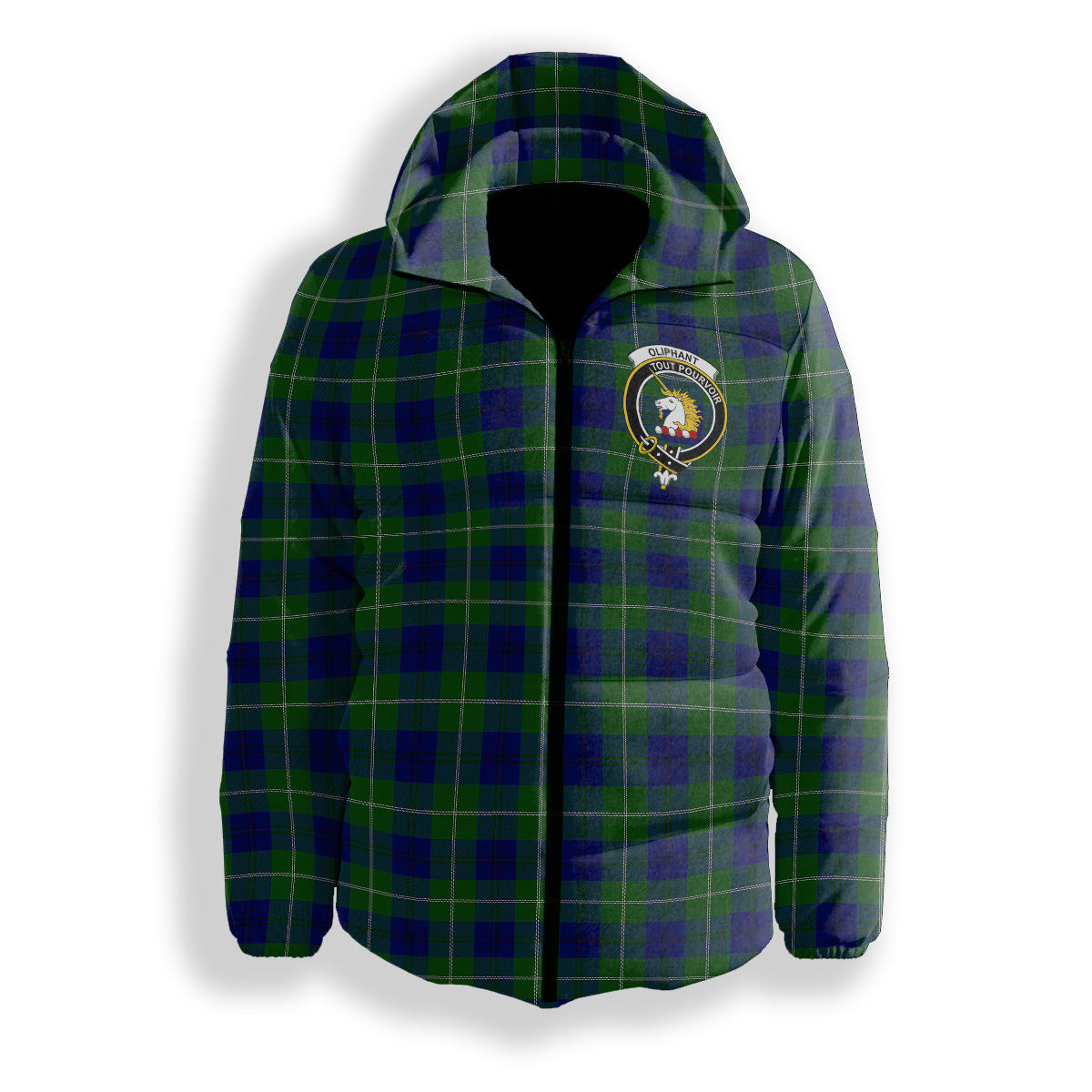 ScotsTee Shop Scottish Oliphant Modern Crest Tartan Down Jacket Winter White Duck Down Plaid