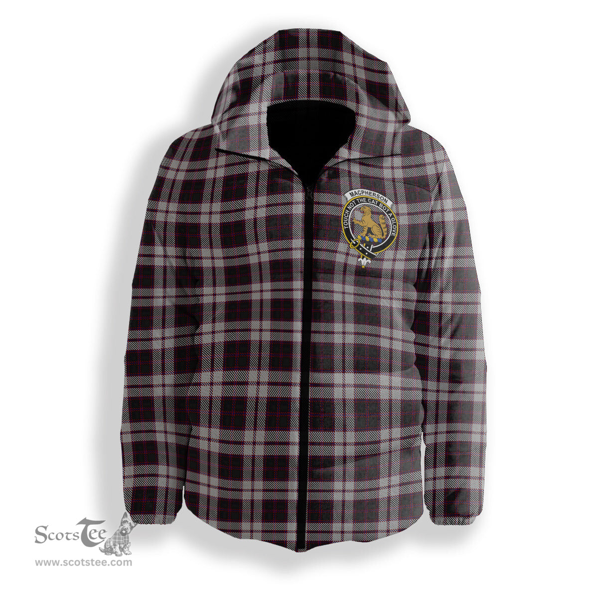 ScotsTee Shop Scottish MacPherson of Pitmain Crest Tartan Down Jacket Winter White Duck Down Plaid