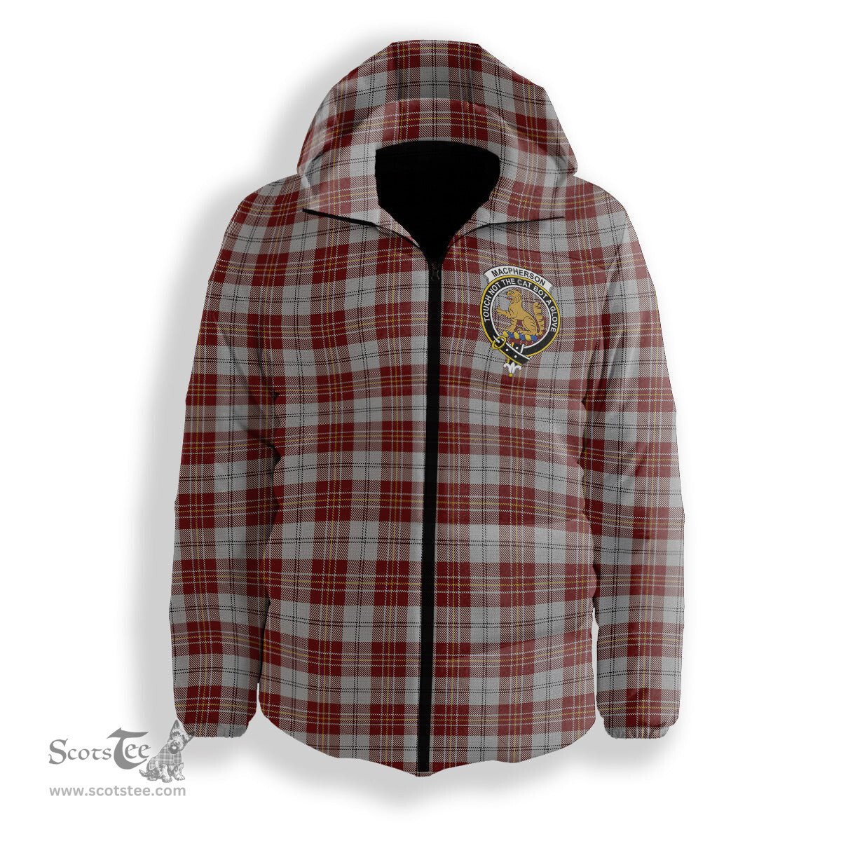 ScotsTee Shop Scottish MacPherson Dress Burgundy Dance Crest Tartan Down Jacket Winter White Duck Down Plaid