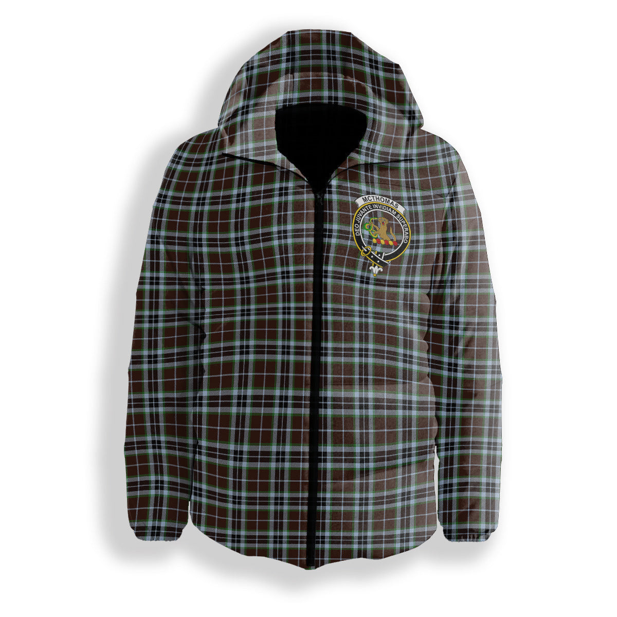 ScotsTee Shop Scottish McThomas Hunting Modern Crest Tartan Down Jacket Winter White Duck Down Plaid