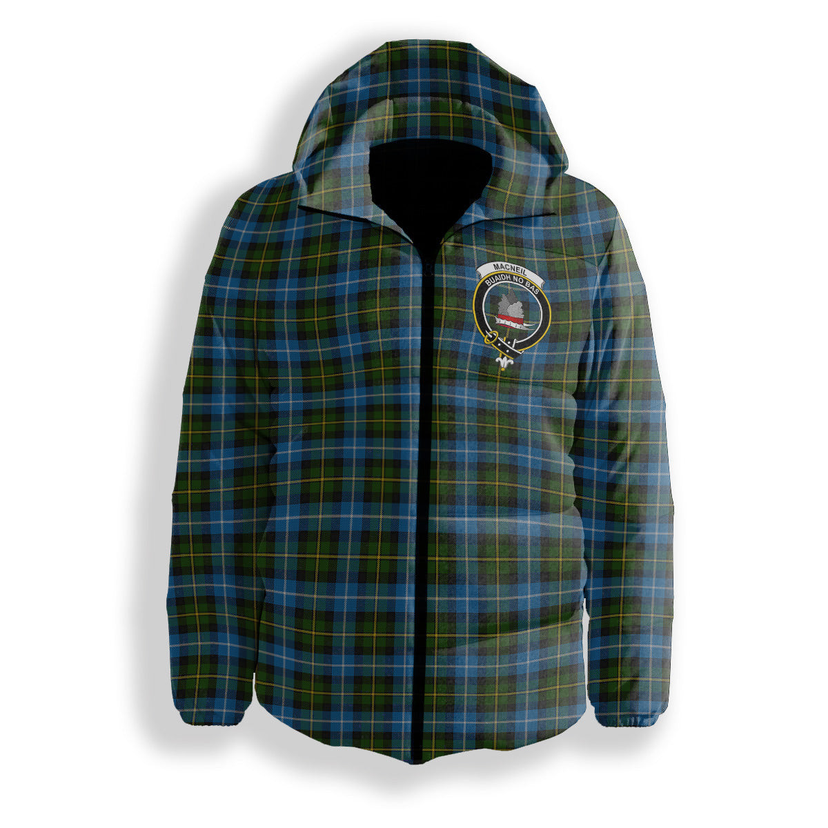 ScotsTee Shop Scottish MacNeil of Barra Crest Tartan Down Jacket Winter White Duck Down Plaid