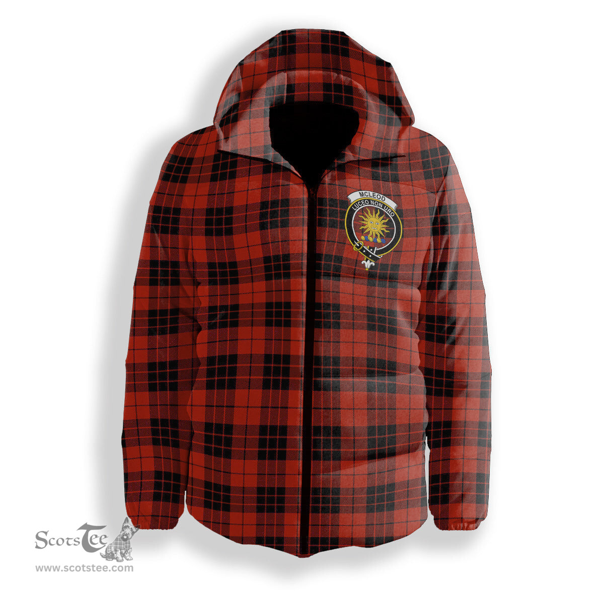 ScotsTee Shop Scottish McLeod of Raasay Ancient Crest Tartan Down Jacket Winter White Duck Down Plaid