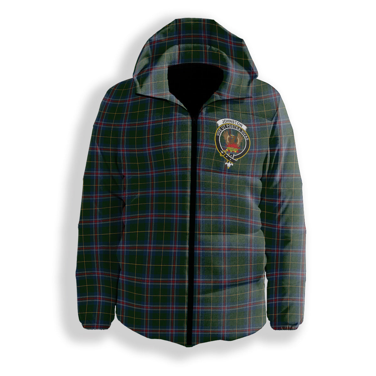 ScotsTee Shop Scottish Johnston Diana Dress Crest Tartan Down Jacket Winter White Duck Down Plaid