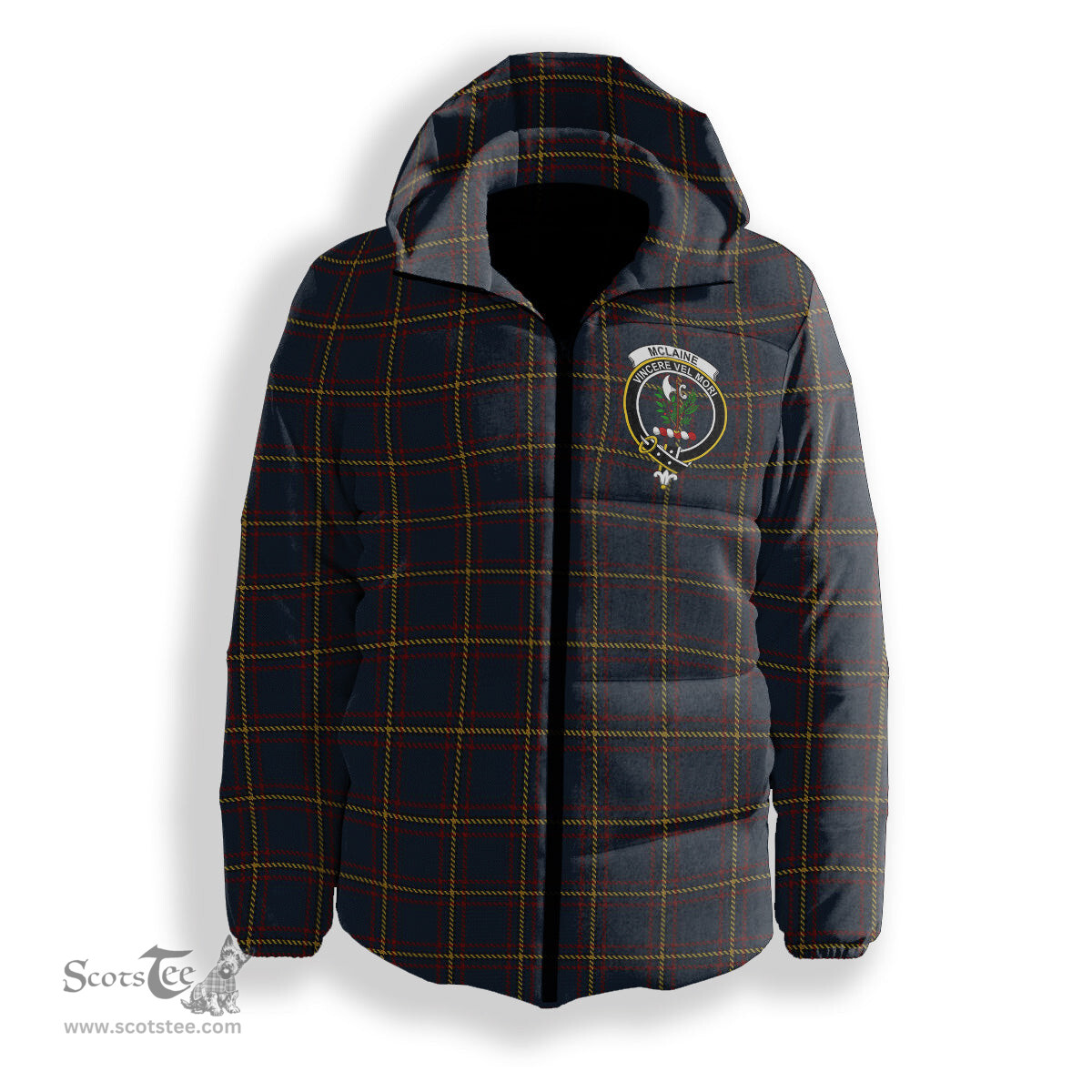 ScotsTee Shop Scottish McLaine of Lochbuie Hunting Crest Tartan Down Jacket Winter White Duck Down Plaid