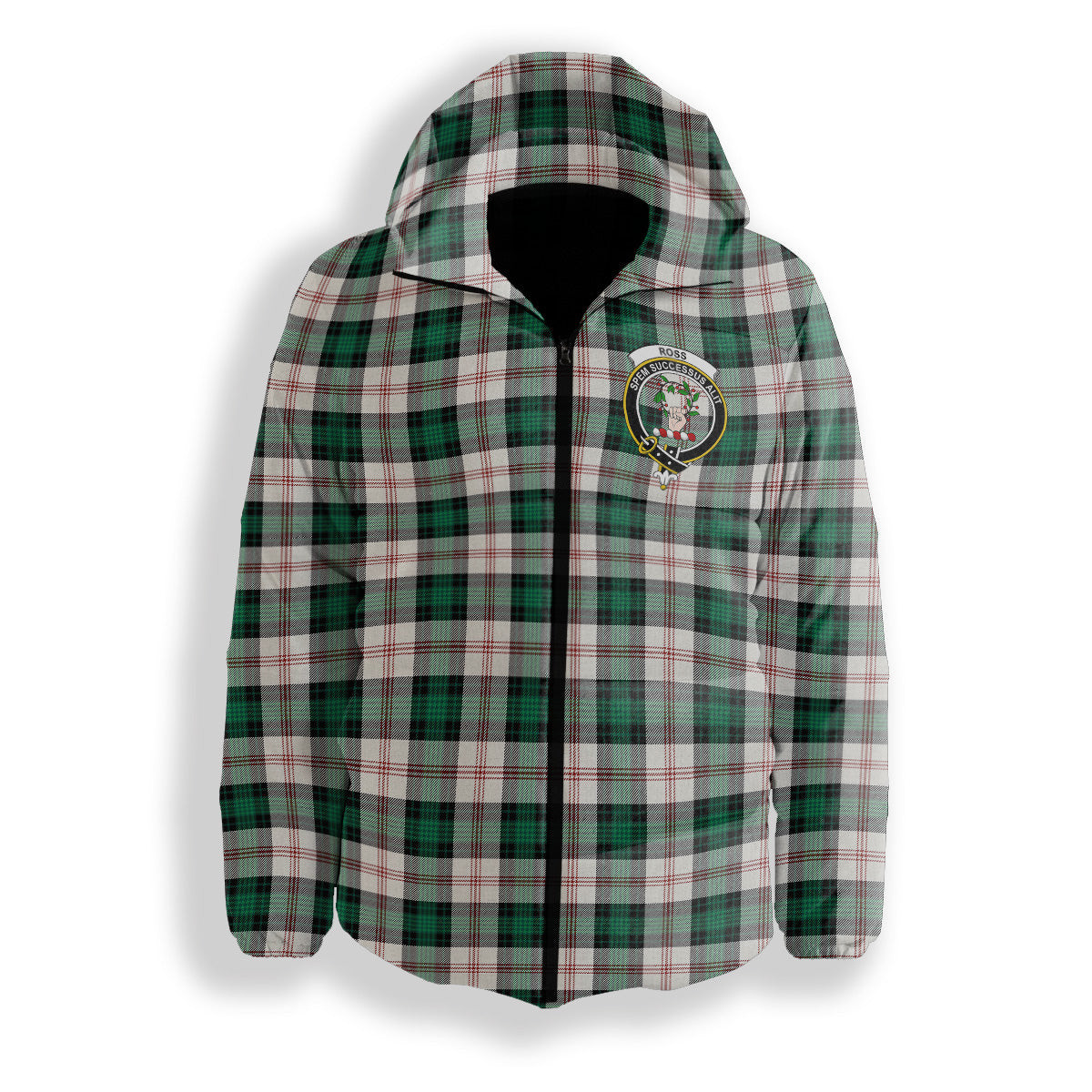 ScotsTee Shop Scottish Ross Arisaid Modern Crest Tartan Down Jacket Winter White Duck Down Plaid