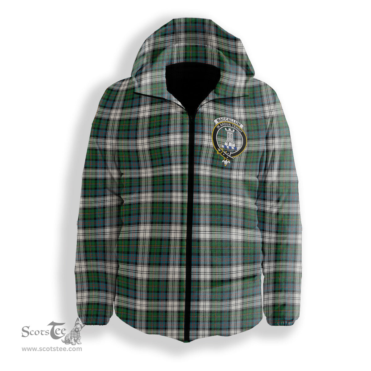 ScotsTee Shop Scottish MacCallum Dress Ancient Crest Tartan Down Jacket Winter White Duck Down Plaid