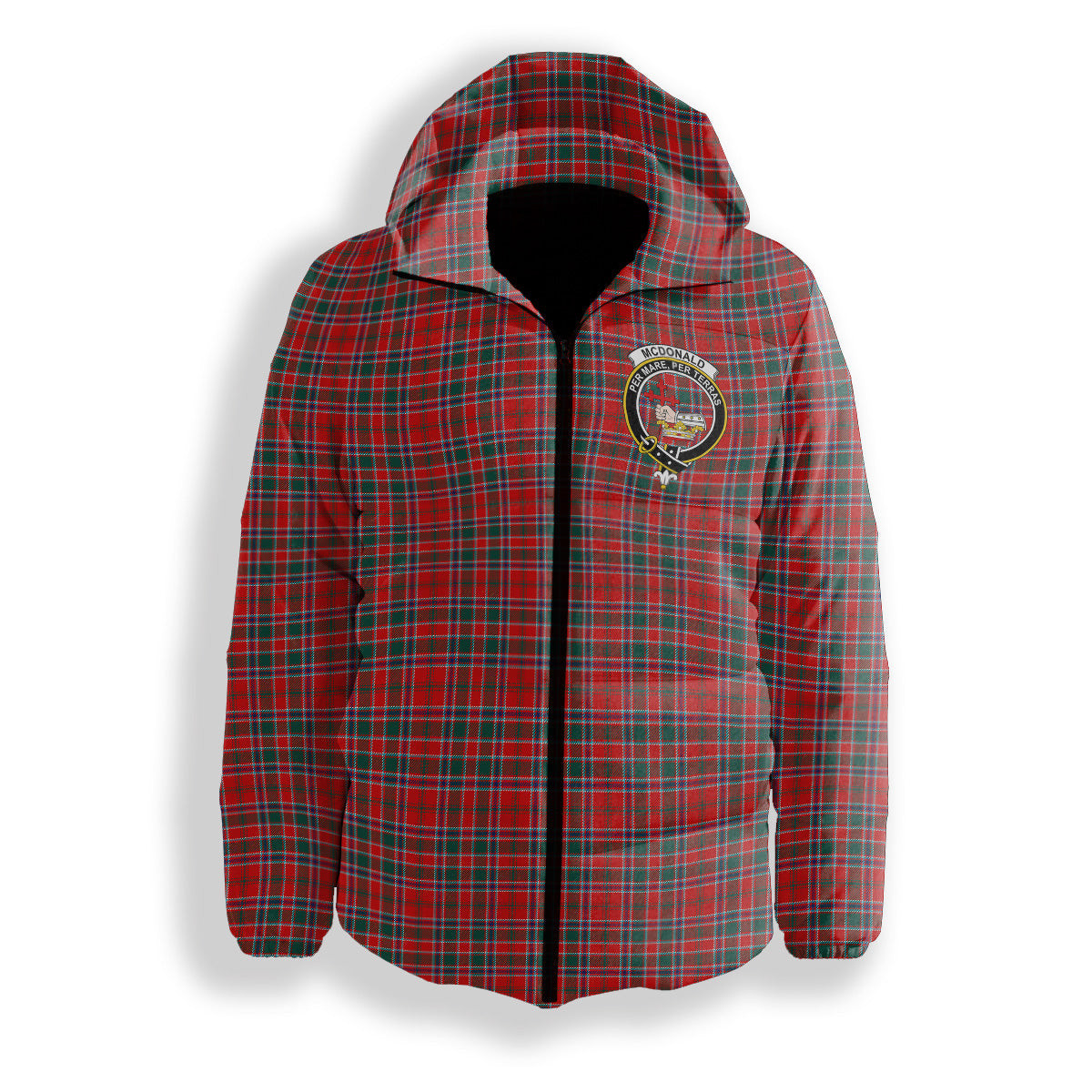 ScotsTee Shop Scottish McDonald of Lochmaddy Modern Crest Tartan Down Jacket Winter White Duck Down Plaid
