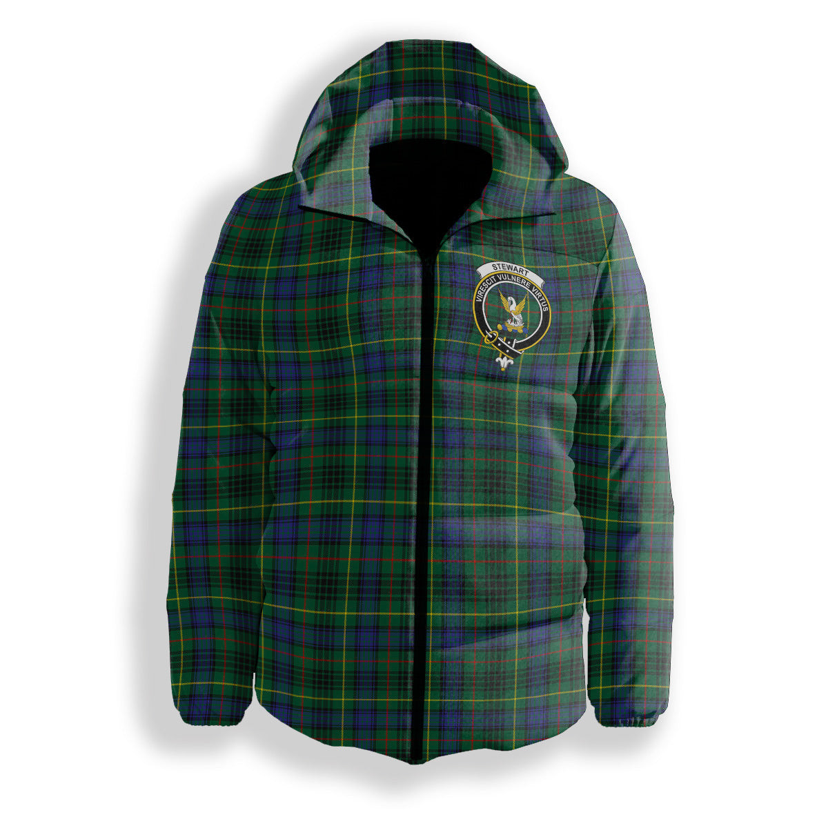 ScotsTee Shop Scottish Stewart Hunting Modern SC Crest Tartan Down Jacket Winter White Duck Down Plaid