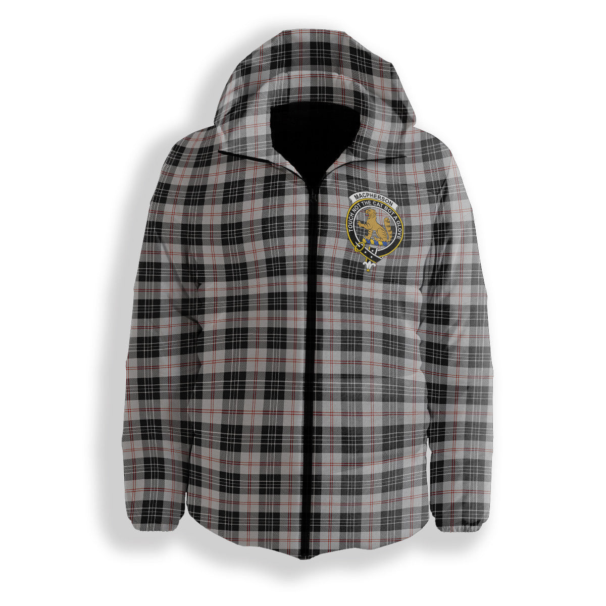 ScotsTee Shop Scottish MacPherson of Cluny Black and White Crest Tartan Down Jacket Winter White Duck Down Plaid