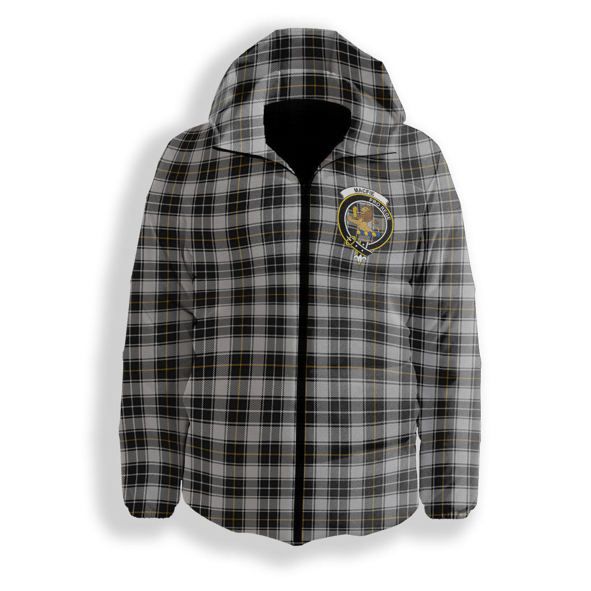 ScotsTee Shop Scottish MacFie of Colonsay Dress Crest Tartan Down Jacket Winter White Duck Down Plaid