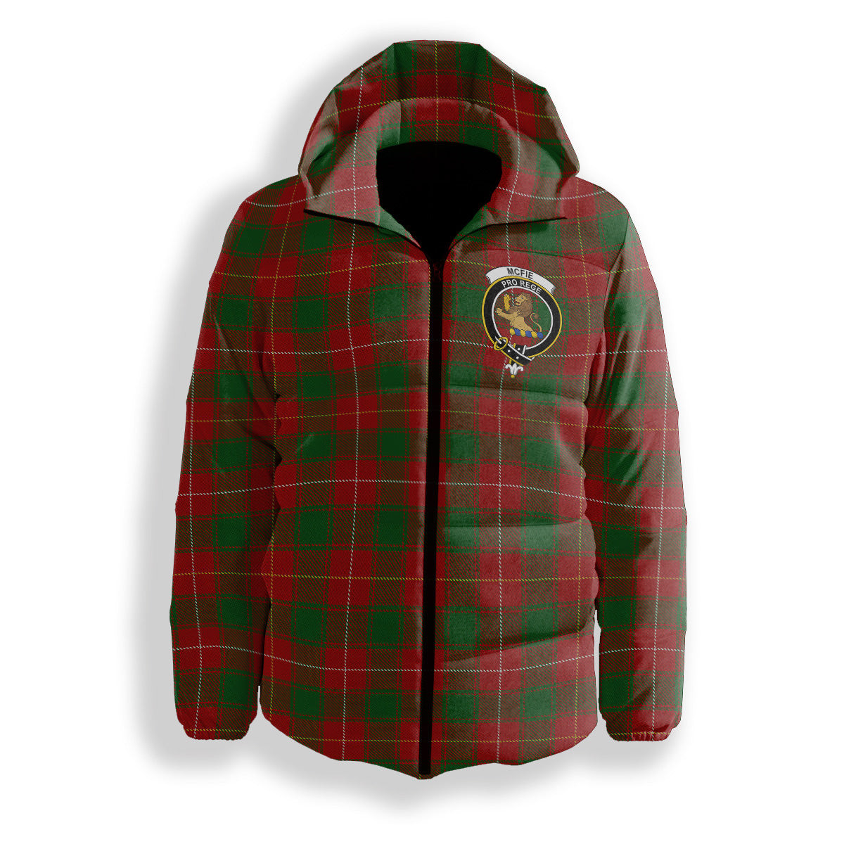 ScotsTee Shop Scottish McFie Crest Tartan Down Jacket Winter White Duck Down Plaid