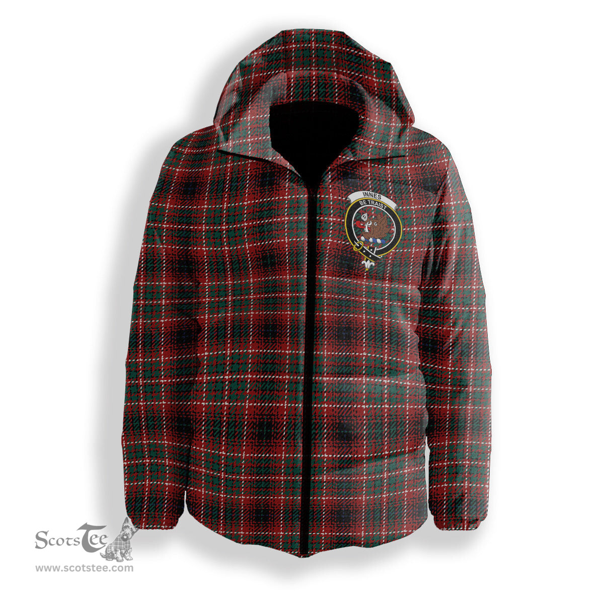 ScotsTee Shop Scottish Innes of Cowie Modern Crest Tartan Down Jacket Winter White Duck Down Plaid