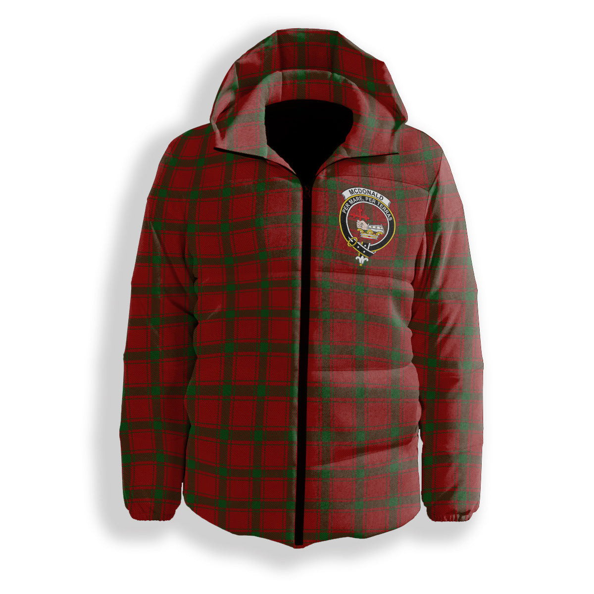 ScotsTee Shop Scottish McDonald of Sleat Crest Tartan Down Jacket Winter White Duck Down Plaid